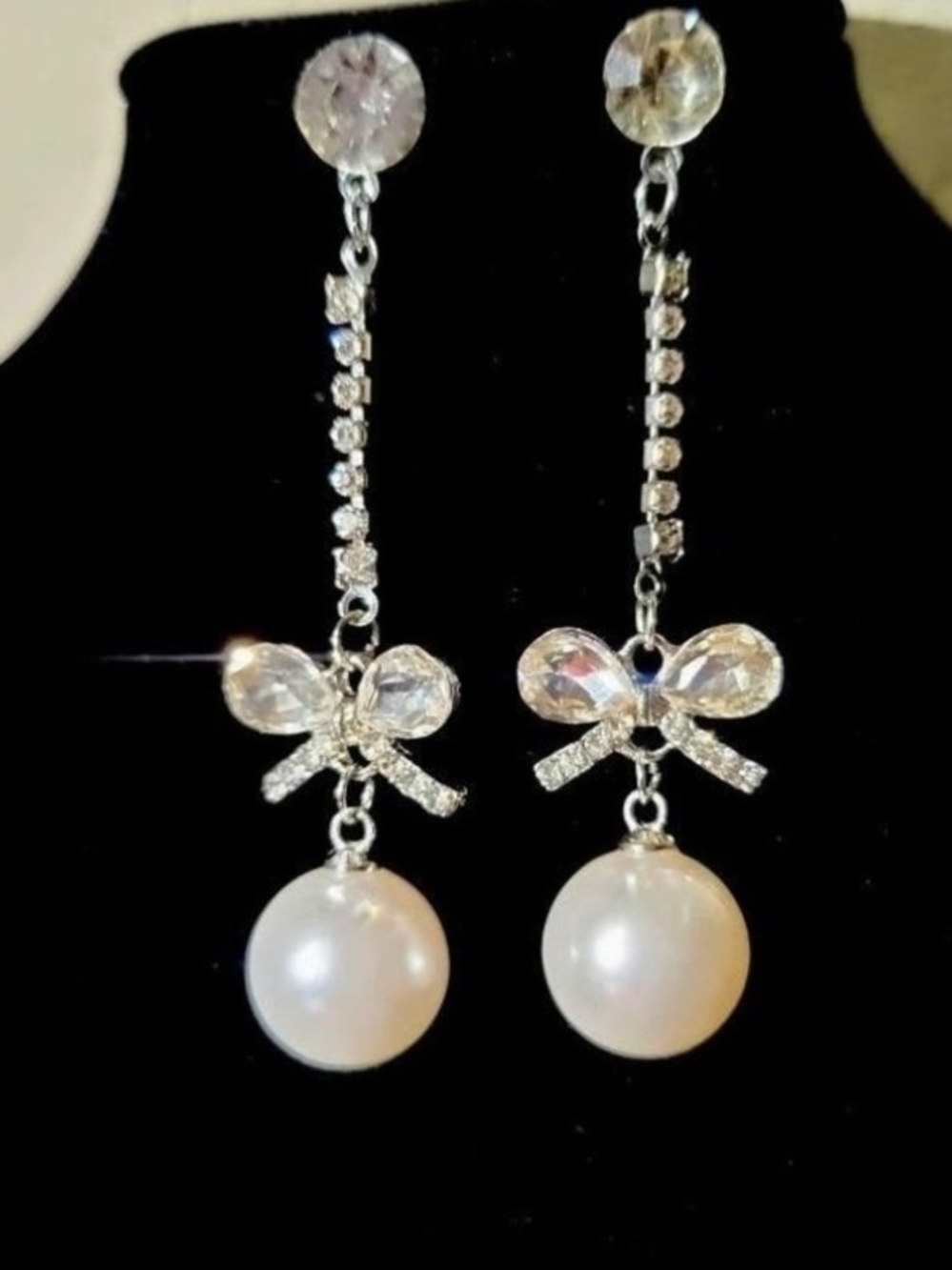Silver Pearl Drop Earrings with Bow Accent - White